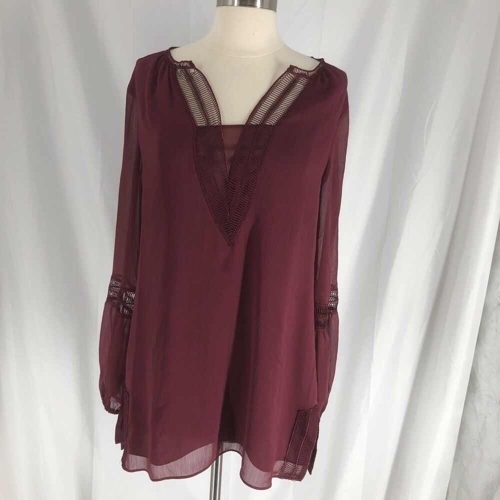 White House Black Market Tunic Top Sangria Bishop Slv Chiffon Women S Boho